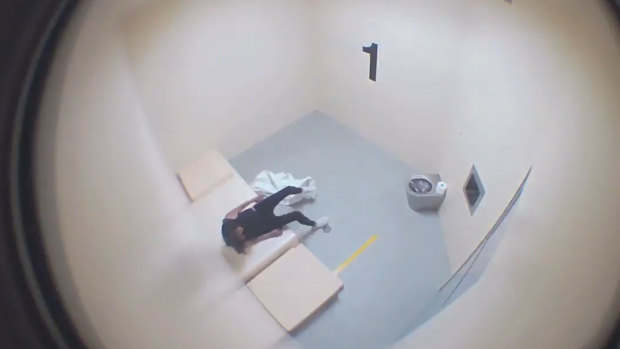 Tanya Day in the Castlemaine police cell where she hit her head at least five times.