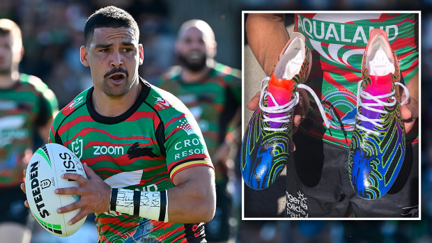 South Sydney Rabbitohs five-eighth Cody Walker and his custom made boots for Indigenous Round featuring the silhouette of his sons.