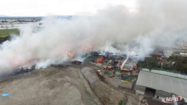 SKM's Coolaroo recycling centre on fire in 2017. 