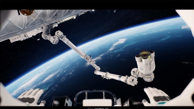 A virtual astronaut stares at the International Space Station.