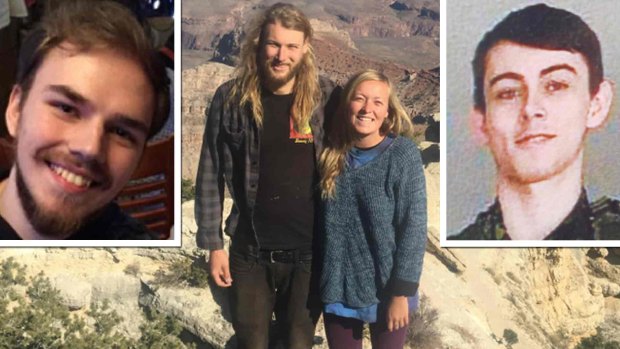 From top left: Missing man Kam McLeod, Australian Lucas Fowler with girlfriend Chynna Deese, and missing man Bryer Schmegelsky. 