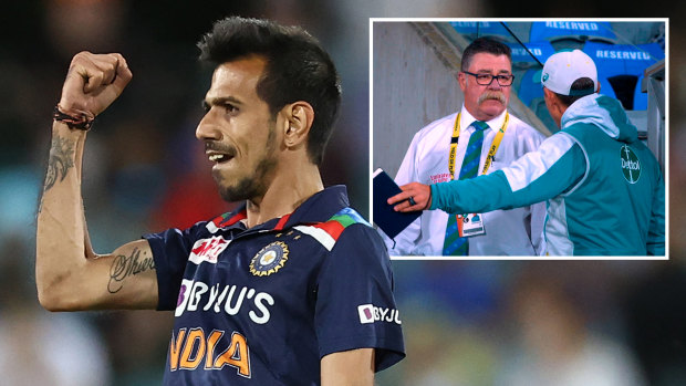 Concussion substitute Yuzvendra Chahal was man of the match with three wickets; (inset) Australian coach Justin Langer remonstrates with match referee David Boon.