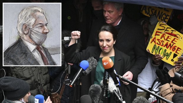 A courtroom sketch of Julian Assange (inset) and his fiancee Stella Moris-Smith Robertson outside court in London on Monday. The court's decision is both a victory in Assange's fight against extradition and a defeat for press freedom.