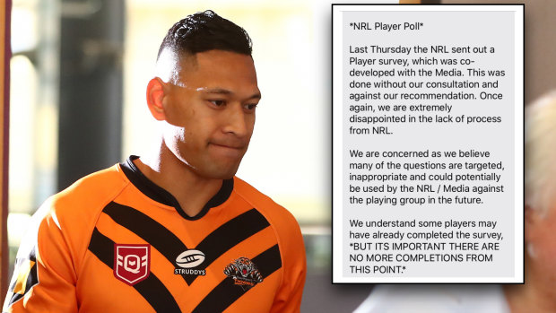 The message the RLPA sent its players last week, demanding they don’t answer the player poll after taking exception to a question about Israel Folau, among others.