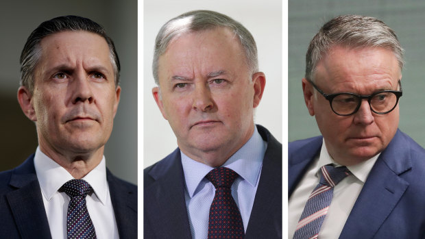 Labor's Mark Butler, Anthony Albanese and Joel Fitzgibbon. 