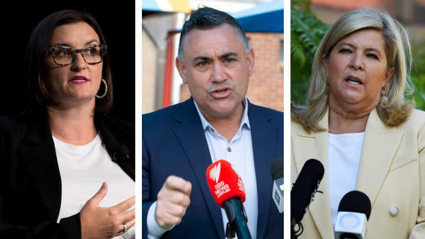 John Barilaro (centre) and two of his ministers, Sarah Mitchell and Bronnie Taylor, are prepared to quit cabinet over the koala planning issue. 