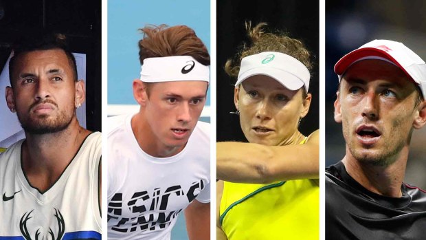 From left: Nick Kyrgios, Alex de Minaur, Sam Stosur and John Millman have pledged to help with the bushfire crisis.  