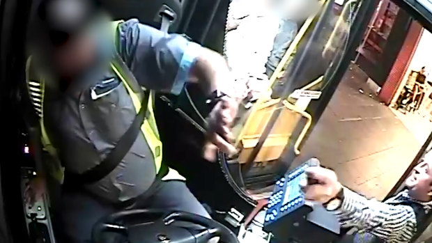 CCTV shows the moment police allege a man attacked a bus driver with a chemical spray. 