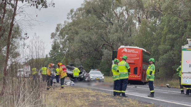 A sedan driver was killed and many bus passengers were injured after the car and the bus collided near Dubbo.