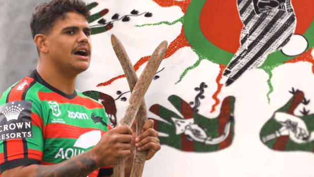 Latrell Mitchell appears in the South Sydney's Indigenous jersey video.