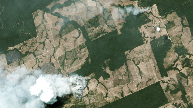 This satellite image, taken on August 21, shows smoke billowing from fires in  Brazil. 