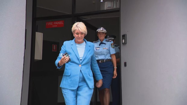 NSW Police Commissioner Karen Webb and Police Minister Yasmin Catley exit a meeting with Mardi Gras on Tuesday.