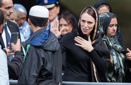 New Zealand Prime Minister Jacinda Ardern at the national call to prayer a week after the Christchurch massacre. 