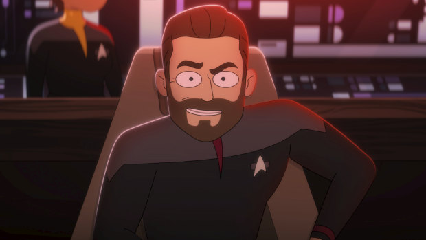 Captain Will Riker (Jonathan Frakes) in command of the USS Titan in the series Star Trek: Lower Decks.