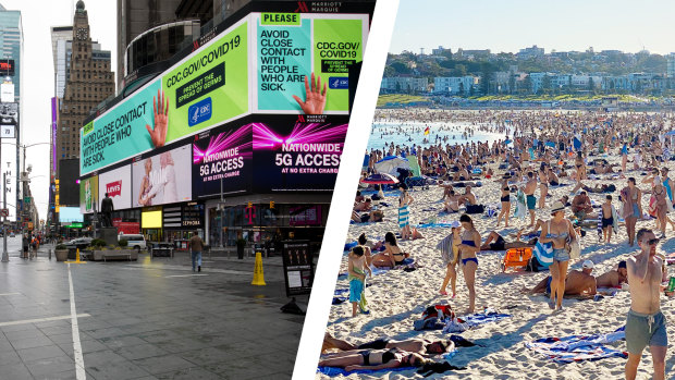 New York's Times Square on Thursday, left, and Bondi Beach on Friday afternoon.