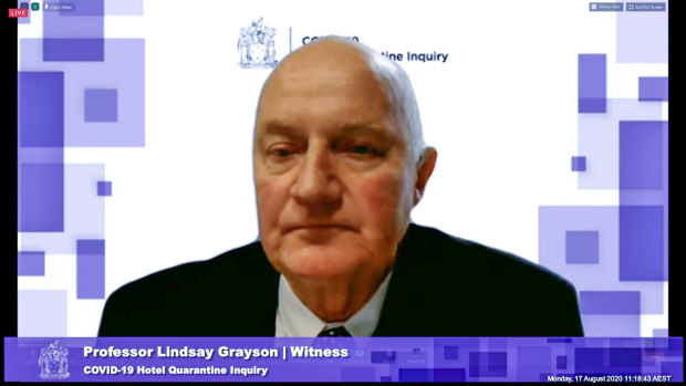 Professor Lindsay Grayson gives evidence at the inquiry into Victoria's hotel quarantine program via video link on Monday.