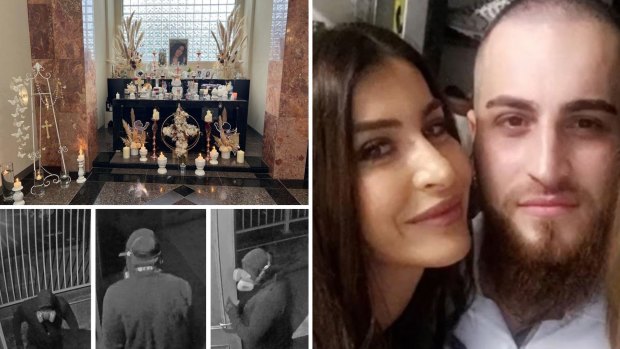 Meshilin Marrogi with her brother  George Marrogi; her crypt and memorial in Preston General Cemetery; and stills from CCTV footage of the break-in at the cemetery on July 30.