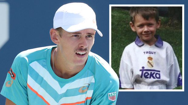 Alex de Minaur at the US Open and as a young boy in Sydney.