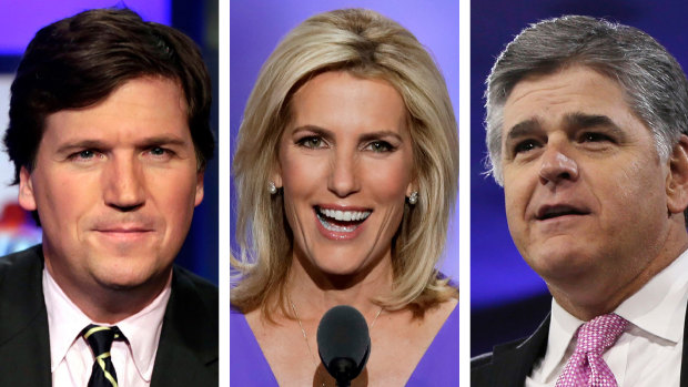 Fox News hosts Tucker Carlson, Laura Ingraham and Sean Hannity.