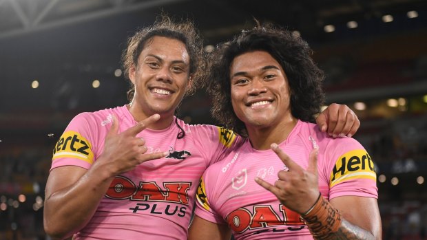 To’o and Jarome Luai, who are both part of the FTA crew, celebrate Saturday’s win against Melbourne.