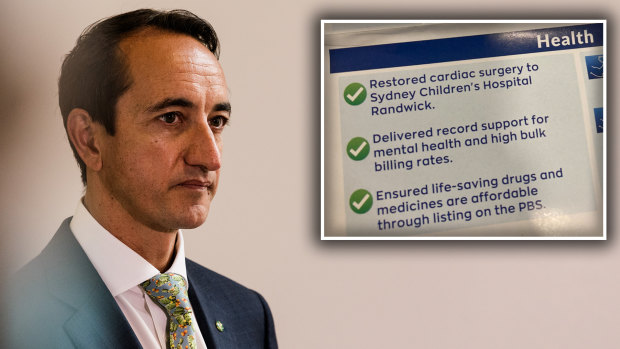 Liberal MP Dave Sharma and an extract from a leaflet sent to Wentworth voters.