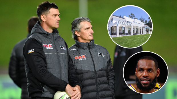 Penrith Panthers coaches Cameron Ciraldo and Ivan Cleary. Insert: Los Angeles Lakers NBA superstar LeBron James and his Los Angeles mansion.