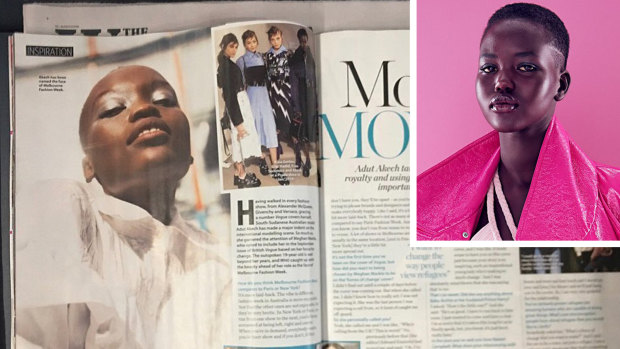 Model Adut Akech (inset) and the Who magazine spread that incorrectly used a photo of Flavia Lazarus.