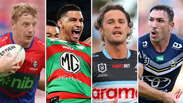 Newcastle Knights’ Lachlan Miller, South Sydney Rabbitohs’ Cody Walker, Cronulla Sharks’ Nicho Hynes and North Queensland Cowboys’ Reece Robson.