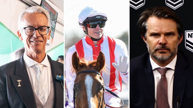 Tabcorp director and former NRL chief executive David Gallop, The Everest winner Giga Kick with jockey Craig Williams and former NRL chief operating officer Nick Weeks.