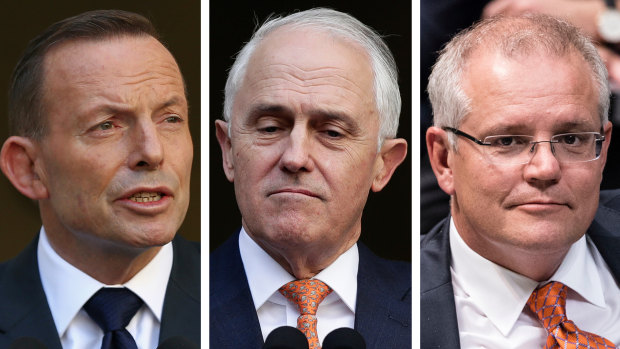 Former prime ministers Tony Abbott and Malcolm Turnbull, and current Prime Minister Scott Morrison.