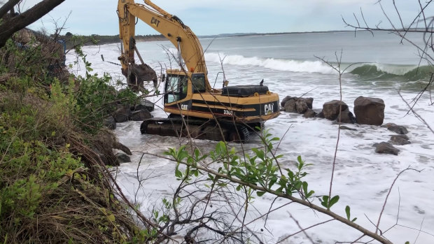 A rock wall being built to try and halt erosion at the beach in Inverloch. 