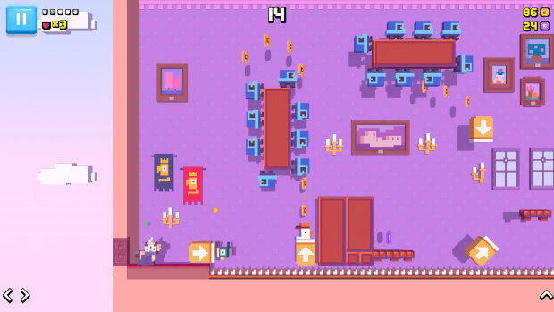 Obstacles include falling blocks, spikes, Mario-style enemies and Donkey-Kong-Country-style barrels.