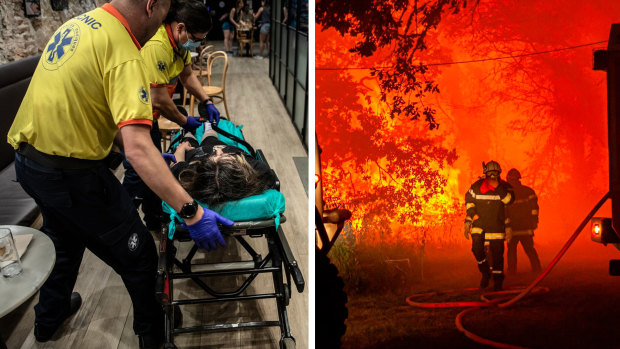 Left: Paramedics move a patient to an ambulance during a heat wave in Barcelona, Spain. Right:  Firefighters battling wildfire near Landiras, southwestern France.