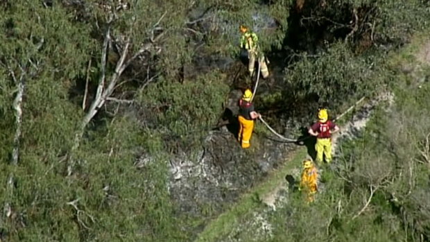 Firefighters work to contain grass fires in Jells Park.