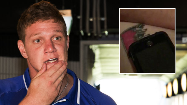 Bulldogs forward Dylan Napa and, inset, a screengrab from vision he says proves is not his leg.