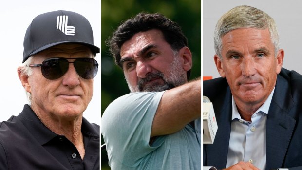 LIV Golf chief executive Greg Norman, Saudi Arabia’s Public Investment Fund governor Yasir al-Rumayyan and PGA Tour commissioner Jay Monahan.