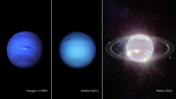This composite image provided by NASA on Wednesday shows three side-by-side images of Neptune. From left, a photo taken by Voyager 2 in 1989, Hubble in 2021 and Webb in 2022. 