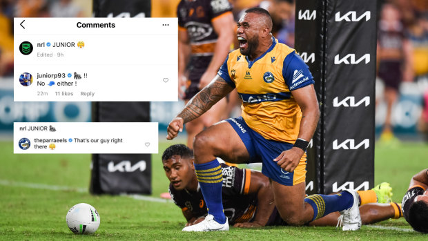 The image of Parramatta prop Junior Paulo that was published on Friday with the edited caption (top left) and the original caption (bottom left).