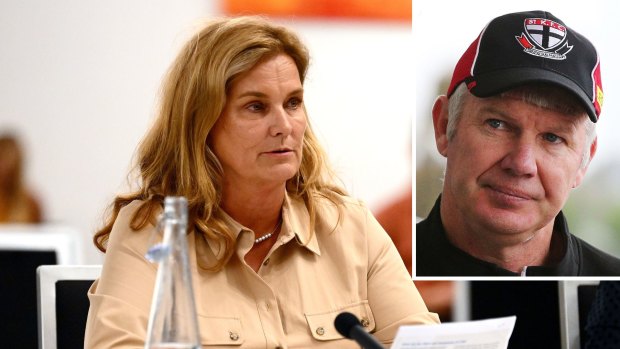 Anita Frawley speaks at a public hearing into concussion and repeated head trauma in contact sports in Melbourne on Wednesday. Inset, her late husband Danny Frawley in 2014.