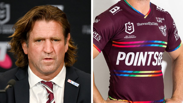 Manly coach Des Hasler and the club’s inclusivity jersey.