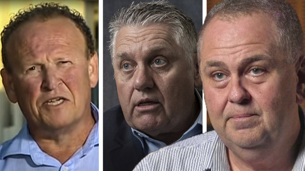 Broadcast blue: ABC sport's Andrew Moore (right) believes Ray Hadley (centre), who he accused of bullying at 2GB, exchanged pleasantries for the benefit of Phil Rothfield's column. 