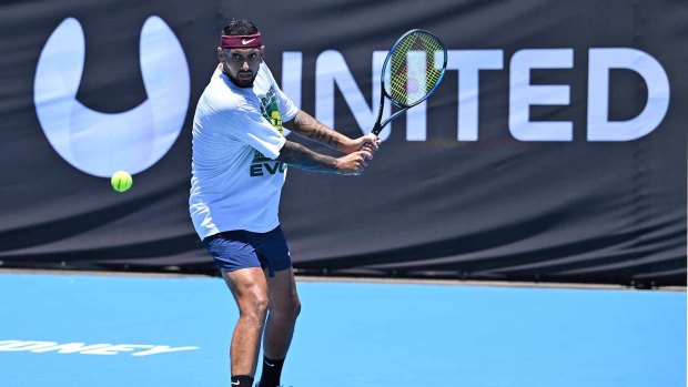 Kyrgios training for the United Cup on Tuesday.