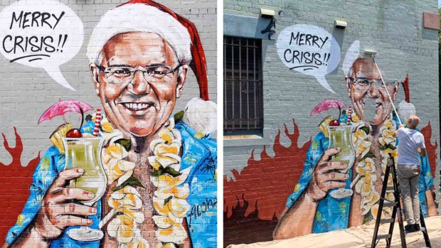 A mural of Scott Morrison by artist Scottie Marsh has been painted over. 