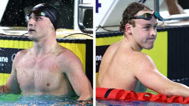 Left: Elijah Winnington after victory in the men’s 400m freestyle. Right: Sam Short was a very close second.