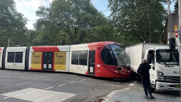 A truck and a light rail tram were involved in a collision in the Sydney CBD.