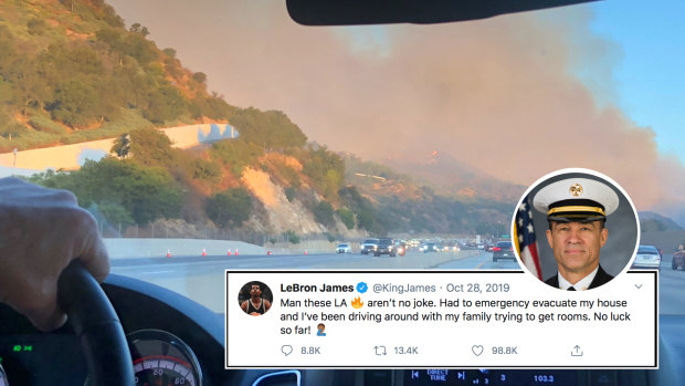Cameron Ciraldo and Ivan Cleary drive past the raging Los Angeles fires last October. Insert: LeBron James' tweet and LA County Fire Department chief Derek Alkonis.