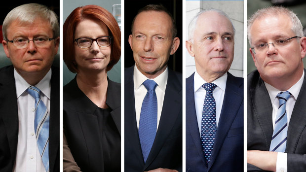 The five Prime Ministers of the last decade: Kevin Rudd, Julia Gillard, Tony Abbott, Malcolm Turnbull and Scott Morrison. 