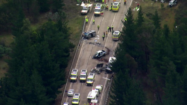 Emergency services attend the scene of the multi-vehicle crash.