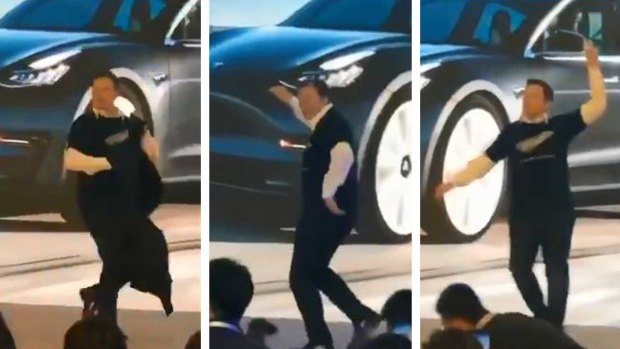 Tesla CEO Elon Musk dances his way through the launch of the new cars built at the China plant.  