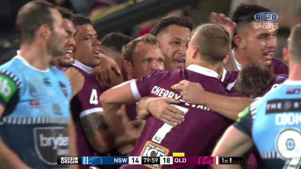 The Maroons celebrate after winning game one in Adelaide after referee Gerard Sutton blew full-time before the siren sounded.